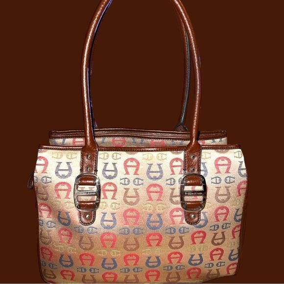 Etienne Aigner cute bag with tan canvas covered with colorful logo! - Picture 1 of 8